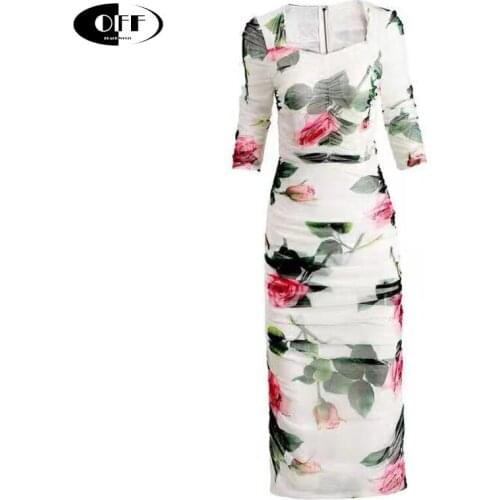 New Rose Flower Party Night Midi Dress Elegant Slim Bodycon Drape Square Collar Lady Dresses For Women Female Clothes Vestidos
