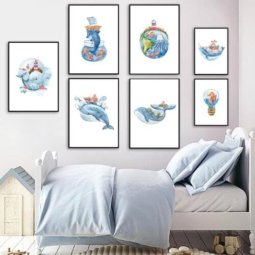 Abstract Whale Dolphin Jellyfish Lighthouse Wall Art Canvas Painting Nordic Posters And Prints Wall Pictures For Kids Room Decor