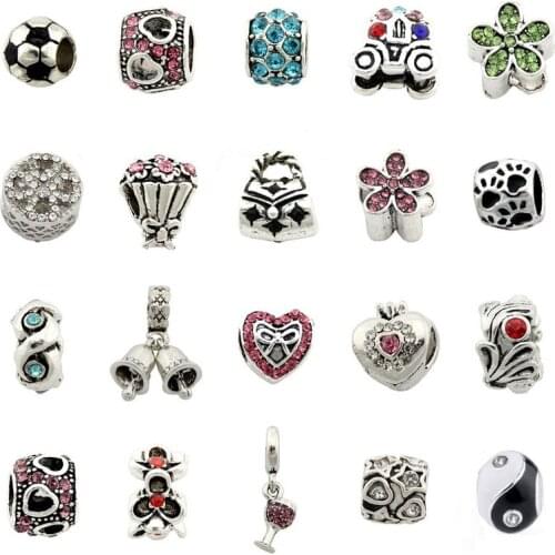 5pcs Vintage Silver Color Big Hole Beads Inlay Rhinestone Fit European Charm Bracelet Jewelry DIY Choose Style EE50