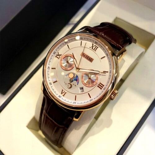 HAZEAL Top Brand Luxury Mechanical Automatic Mens Wristwatch Leather Strap Calendar Moon Phase Week Display Man Clock