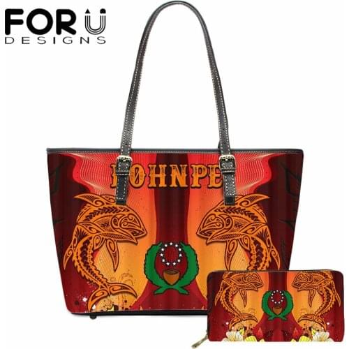 FORUDESIGNS 2pcs Handbags and Purse for Women 2021 Designer Pohnpei Polynesian Plumeria Tribal Printed Fashion Female Tote Bags