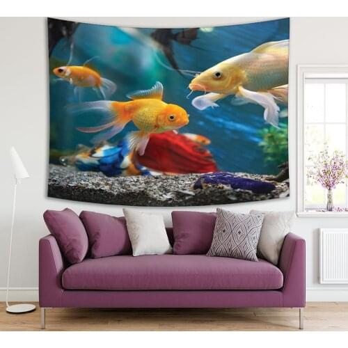 Tapestry Colourfull Fishes in Water Aquarium Sea Wild Nature Theme Photo Blue Green Yellow
