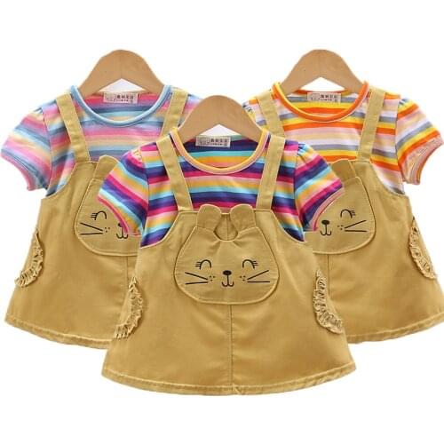Baby Girls Clothing Set Spring Rainbow Stripes Shirt + Cat Skirt 2pcs Suit For Kids Birthday Present Toddler Children Clothes
