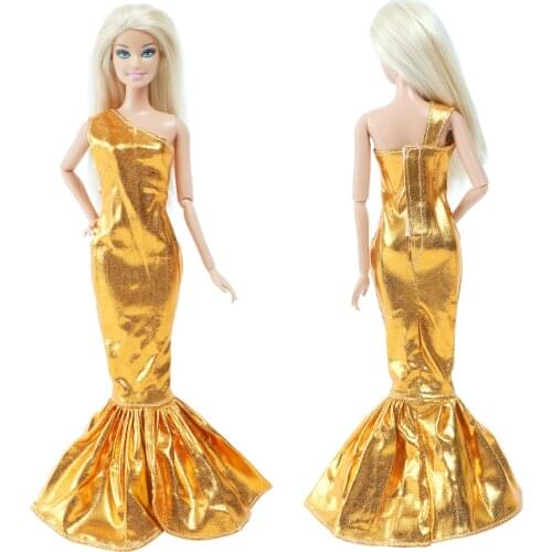 Fashion Style Gold One-shoulder Fishtail Dress Evening Party Skirt Long Gown Accessories Clothes for Barbie Doll Baby Toy