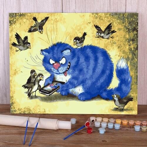 Cartoon Blue White Cat Paint By Numbers Complete Kit Oil Paints 40*50 Oil Painting Home Decoration For Wholesale