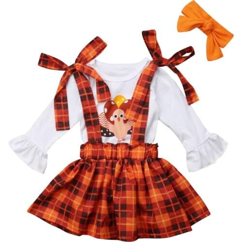 New Toddler Kids Baby Girl Thanksgiving Day Turkey Sweatshirt+Plaid Skirt Outfit Size 3-7T