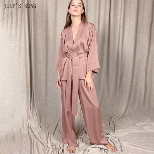 JULYS SONG New 2 Piece Spring Summer Pyjama Women Pajamas Sets Satin Slik Sleepwear Elegant Female Lounge wear Solid Night Wear