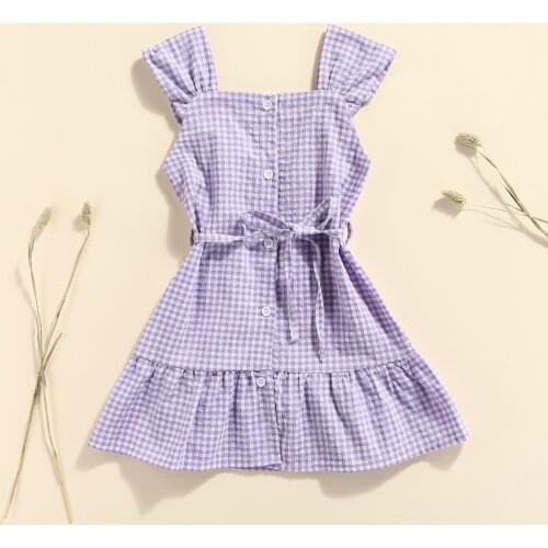 Toddler Baby Girls Plaid Tank Dress Summer Casual Outwear Clothes Infant Kids Cute Sleeveless Ruffle Button Down Belted Dress