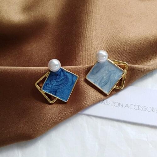 Double11 S925 Silvery Blue Earrings Drop Oil Ear Clip Wholesale Sweet Pearl Creative Contrast Color Asymmetric Ear Stud Elegant