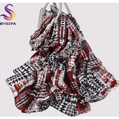 BYSIFA|Plaid Silk Scarf Shawl 2020 New Black White Wine Red Scarves Winter Fashion Brand Women 100% Pure Silk Long Scarves Wraps