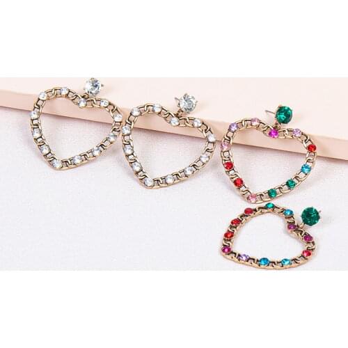 Stationary Metal Link Chain Colorful Crystal Open Heart Drop Earrings for Women Fashion Valentines Day Jewelry Gifts Wholesale