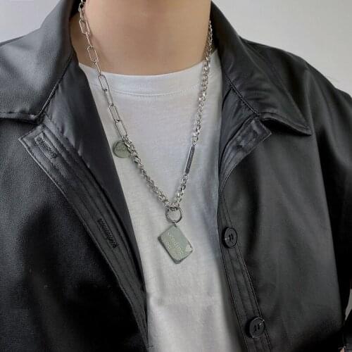 U-Magical Gothic Stainless Steel Asymmetry Letter Square Card Circle Pendant Necklace for Women Metallic Chain Necklace Jewelry