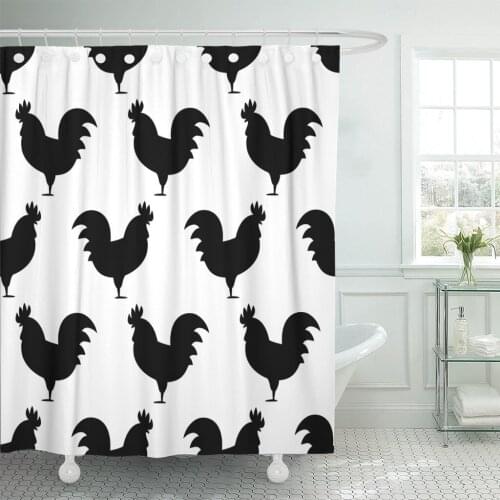 Pattern Roosters Symbol of Year Black and White Silhouette Shower Curtain Waterproof 72 x 78 Inches Set with Hooks