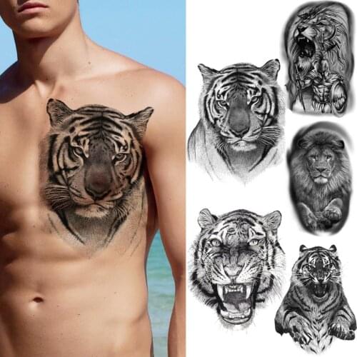 3D Black Big Tiger Temporary Tattoos For Men Adult Lion King Tribe Realistic Fake Tattoos Body Art Waterproof Tatoos Sticker