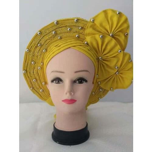 Fashion aso oke gele headties with beads and stones high quality red atiku fabric african women head tie 2piece/lot