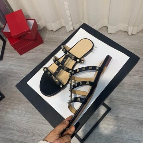 Women Shoes Rivets Summer Slippers Flat Leather Flip Flop Ladies Candy Color Outdoor Womens Beach Shoes Casual Zapatos De Mujer