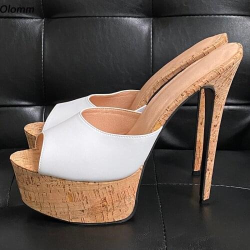 Olomm Handwork Women Mules Sandals 5.5 Cm Platform Sexy Stiletto Heels Round Toe Fabulous Black Dress Shoes US Plus Size 5-20