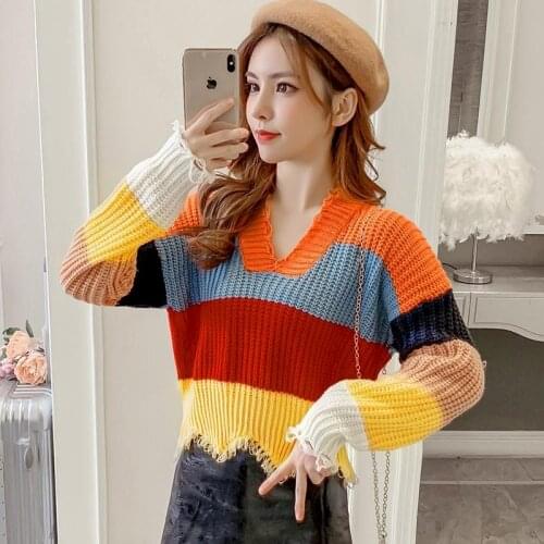 Knit Sweater Womens Spring/winter 2021 New Long-sleeved Rainbow Striped Top Loose Outer Wear Lazy Wind Short Harajuku Sweaters