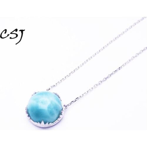 CSJ Fine Jewelry Natural big blue larimar pendant sterling silver women lady girl Necklace Wedding Engagement party Gift box