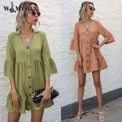 2021 New Spring/Autumn Solid Color Lapel Sleeve Loose Fold Stitching Buttons Pleated Shirt Short Dress Turn-down Collar Dress