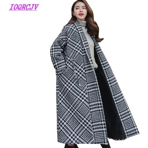 Woolen Jacket Women Winter Houndstooth Woolen Coats Large size long Outerwear Thick Warm Loose Woolen cloth Coats IOQRCJV Q035