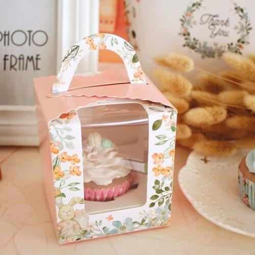 5pcs 9.4x9.4x10.4cm Pink cute paper cup portable Cupcake box pudding bottle carrying box mousse cup muffin baking packaging box