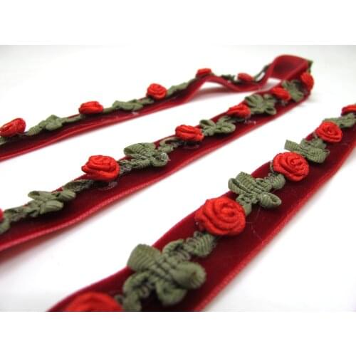15mm Velvet with Woven Rococo Ribbon Trim with Rose Flower BudsDecorative Floral Ribbon Sewing Supplies