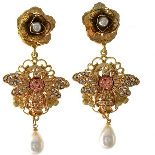 Baroque Retro Bee&Flower Drop Earrings For Women Wedding Bijoux Jewelry Fashion Sweet Rhinestone Long Earrings Cute Gifts