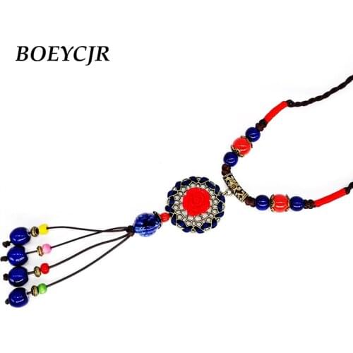 BOEYCJR Red Flower Ceramic Beads Tassel Necklace Chain Handmade Chinese Ethnic Adjustable Long Pendant Necklace for Women