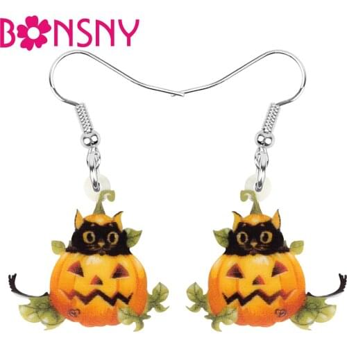 Bonsny Acrylic Halloween Cat Pumpkin Head Earrings Cute Animal Kitten Dangle Drop Jewelry For Women Girls Classic Festival Gift