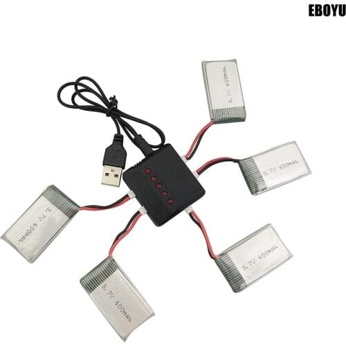 EBOYU 5pcs * 3.7V 600mAh Lipo Battery+1 to 5 Balance Charger for MJX X708W X708 UDI U45 U45W U42 U42W RC Quadcopter Drone