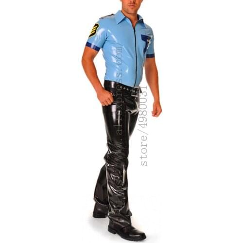Made of 0.4mm thickness natural mens uniform latex police costume suits including top blouse & black pants & belt