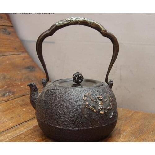 Jepanese Iron Silver Gilt Moon Bat Aerial Mammal Water Bottle TeaPot Teakettle