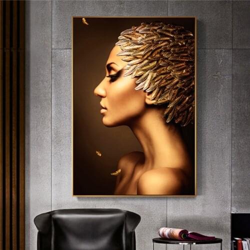 Gold Feather Girl Posters Portrait Wall Art Canvas Painting And Prints Wall Pictures For Living Room Decoration Home Decor