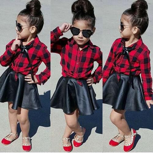 2019 New Hot Sale Latest Fashion Toddler Kids Girl Plaid Tops Shirt Leather Skirt 2Pcs Outfits Set