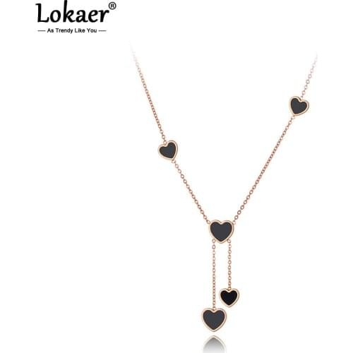Lokaer Original Design Stainless Steel Lovely Heart Charm Necklace Bohemia Black Acrylic Pendant Chain Jewelry For Women N20047