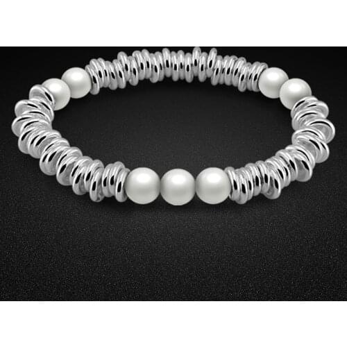 Autumn Silver Jewelry Womens 925 Sterling Silver Bracelet Multilayer Loop Design Freshwater Pearl Silver Chain Elastic Bracelet