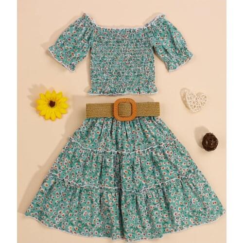 Toddler Baby Girls Casual Clothes 2pcs Set Short Sleeve Crop Tops + Long Pleated Skirt and Waistband Infant Kids Outwear