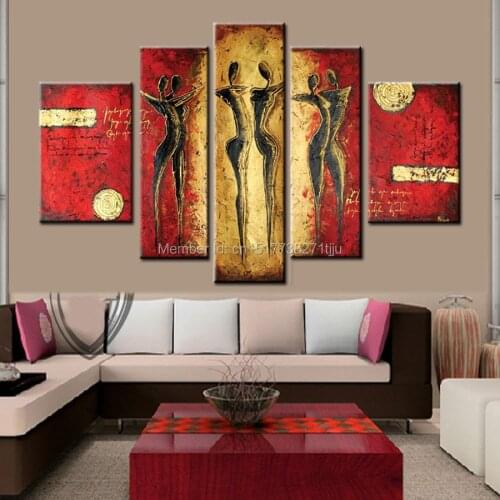 Hand Painted red yellow dancer Oil Painting large Modern Abstract 5 Panel Canvas Art Wall Decor Picture For Home Sets