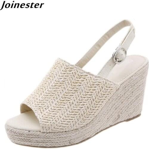 Open Toe Straw Braided Women Sandals Buckle Back Strap Wedge Pumps for Ladies сандалии женские 2021 High Heel Summer Shoes