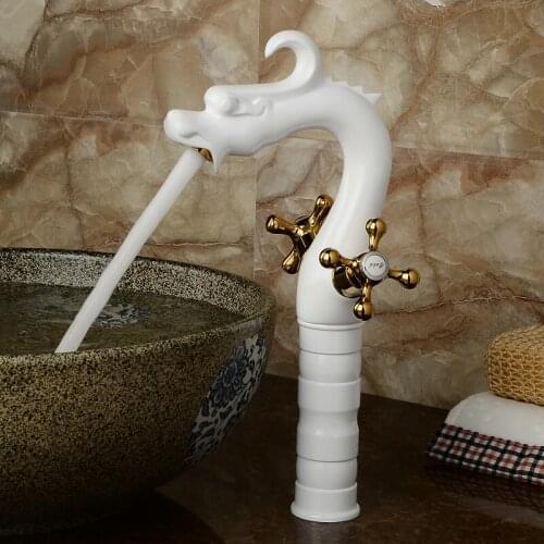 Basin Faucets Dragon Style Bathroom Faucet White and Golden Water Basin Mixer Taps Brass Toilet Sink Water Crane Antique