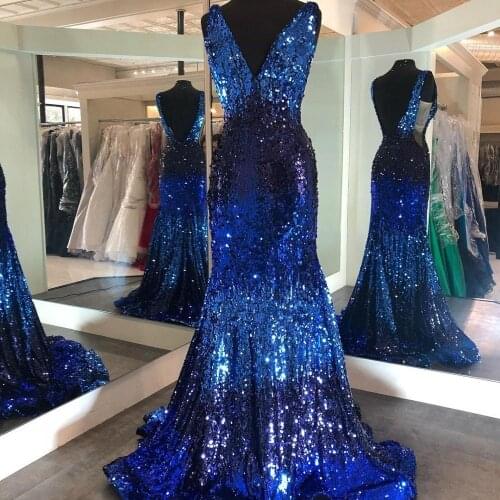 Ombre Prom Dress 2021 Mermaid Deep V Neck Pageant Gown Sweep Train Open Back Formal Party Event Gowns Multi Contrast Color