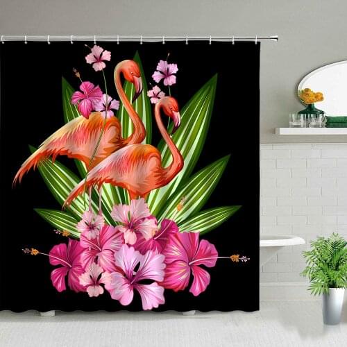 Green Leaf Flamingo Flower Animal Shower Curtain Toucan Chinese Style Floral Bird Bathroom Screen Waterproof Fabric Bath Curtain