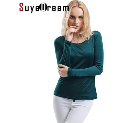 SuyaDream Women T shirt Real Silk Basic O neck long sleeve Bottoming-shirt FALL Primer shirt Plus size Spandex Top Black White