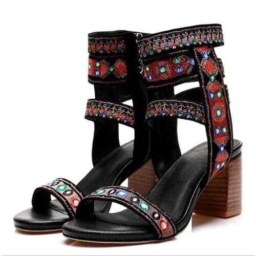 Top Quality Casual Street Style Zip Gladiator Sandals Square Heels Open Toe Women Pumps Size 35-40 Rome Sandal Footwear