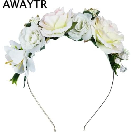 Flower Headbands AWAYTR Bridal Hair Ornaments Floral Pearl Hairbands for Women Headpieces Spring Wedding Garlands Crown