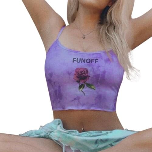 Women Sexy Tie-dye Letter Floral Print Spaghetti Straps Cropped Slim O-Neck Camisole Top Summer Purple Casual Tops New Arrival