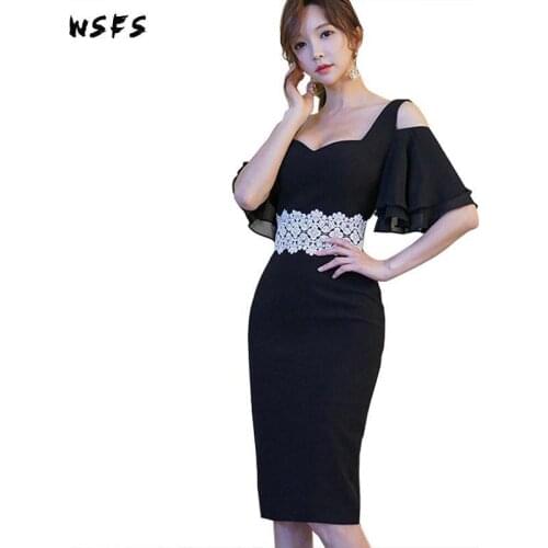 Summer Chiffon Dresses Black Vneck Butterfly Sleeve Off Shoulder Women Dress Office Bandage Bodycon Sexy Party Midi Pencil Dress