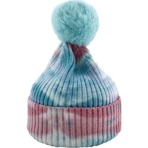 Unisex Winter Ribbed Knit Beanie Hat with Detachable Fluffy Pom Pom Gradient Tie-Dye Printed Cuffed Skull Cap Ear Warmer