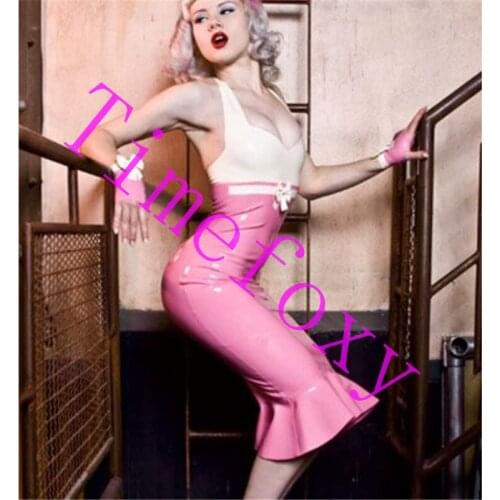 100% Latex pink dress white top Costumes Latex Rubber Uniform Skirt catsuit handmade Dress
